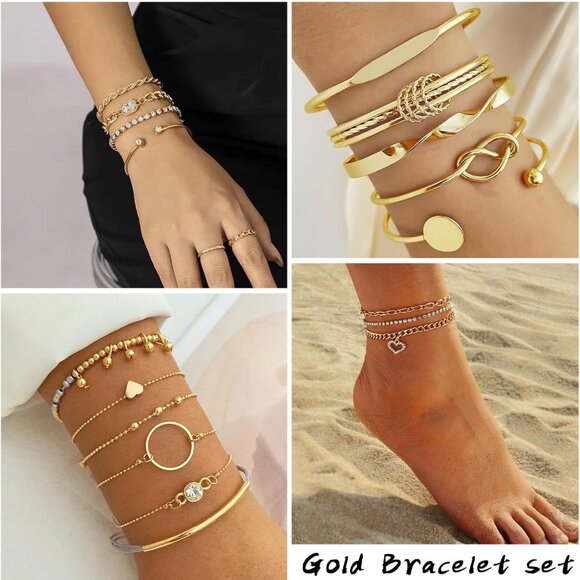 6 PACK 24 PCS Boho Gold Chain Bracelets Set for Women, 14K Gold Plated Multiple - Picture 3 of 7